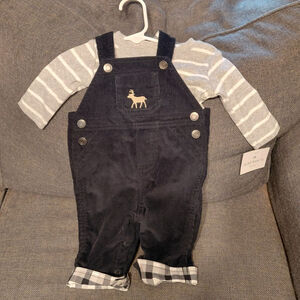 Baby Carter's Navy Corduroy Overalls with Deer & Gray Striped Shirt 3 Months